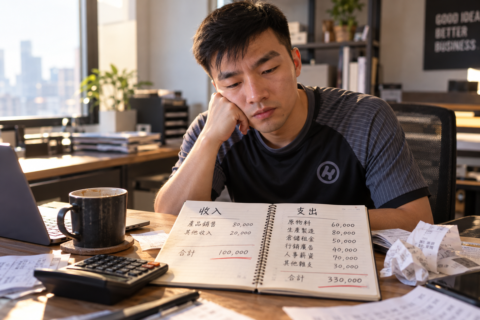 創業者看著收支帳本，支出遠超收入