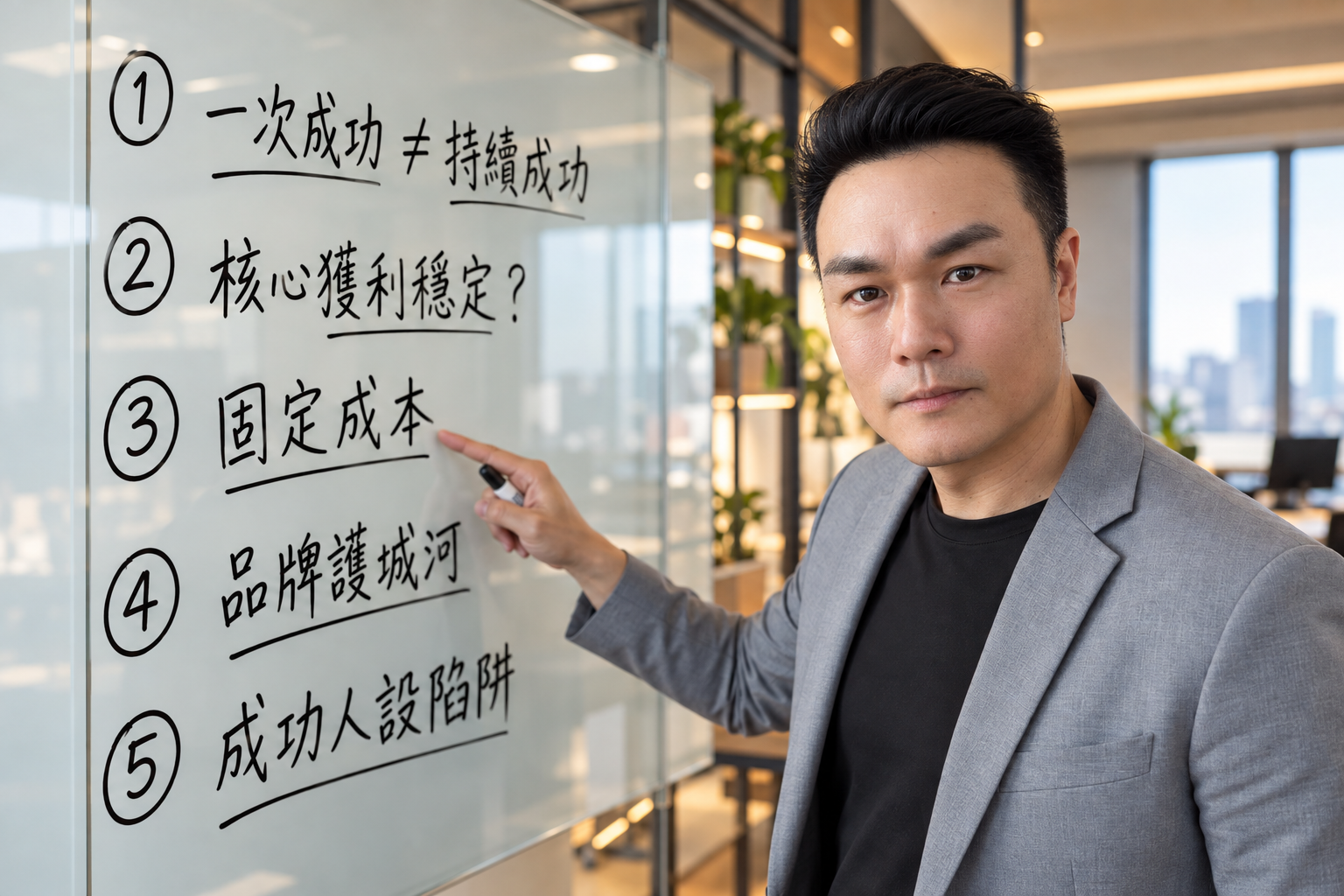 白板上的五個創業教訓：一次成功不等於持續成功、核心獲利穩定、固定成本、品牌護城河、成功人設陷阱